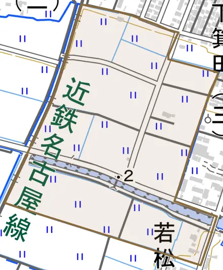 下箕田町とその周辺の地図。町の範囲を重ねている