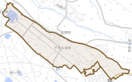 下大久保町とその周辺の地図。町の範囲を重ねている