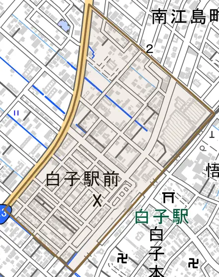 白子駅前とその周辺の地図。町の範囲を重ねている