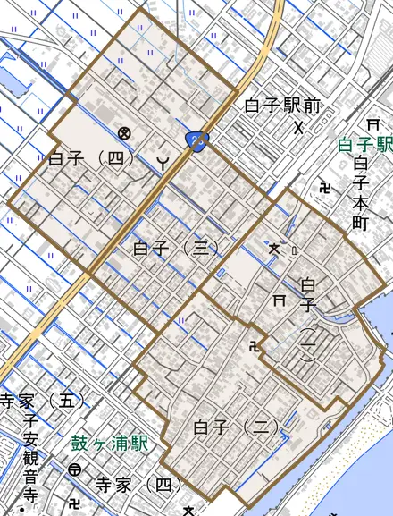 白子とその周辺の地図。町の範囲を重ねている