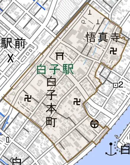 白子本町とその周辺の地図。町の範囲を重ねている