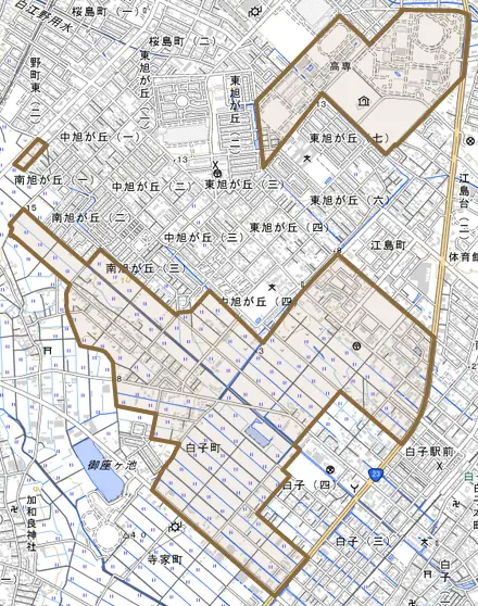 白子町とその周辺の地図。町の範囲を重ねている