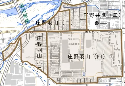 庄野羽山とその周辺の地図。町の範囲を重ねている