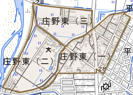 庄野東とその周辺の地図。町の範囲を重ねている