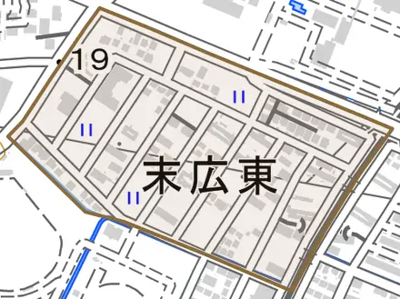 末広東とその周辺の地図。町の範囲を重ねている