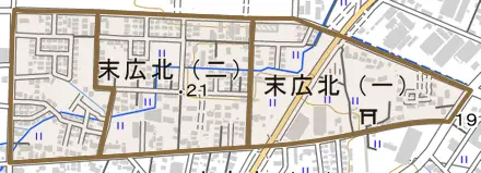 末広北とその周辺の地図。町の範囲を重ねている