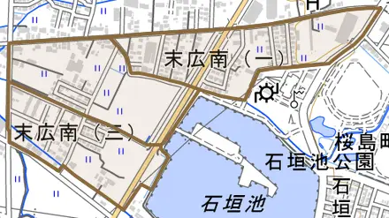 末広南とその周辺の地図。町の範囲を重ねている