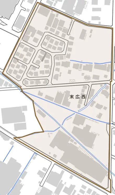 末広西とその周辺の地図。町の範囲を重ねている