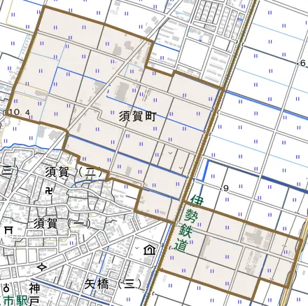 須賀町とその周辺の地図。町の範囲を重ねている