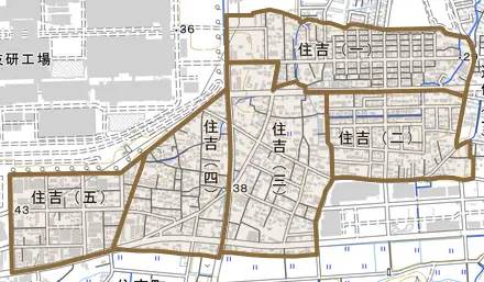 住吉とその周辺の地図。町の範囲を重ねている
