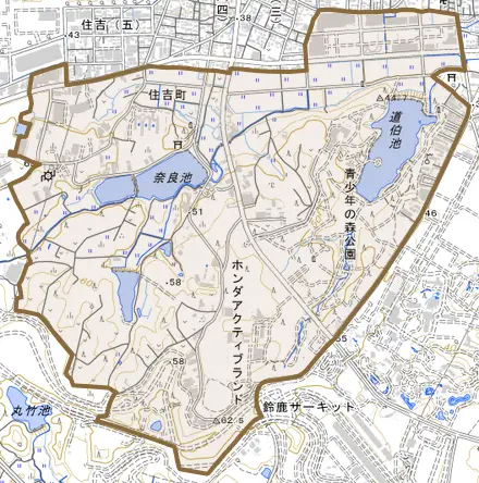 住吉町とその周辺の地図。町の範囲を重ねている