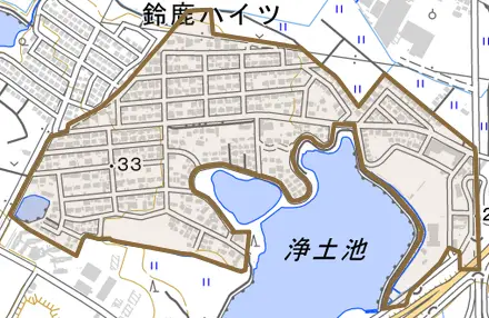 鈴鹿ハイツとその周辺の地図。町の範囲を重ねている