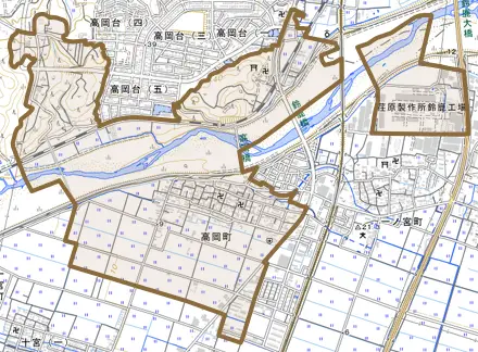 高岡町とその周辺の地図。町の範囲を重ねている