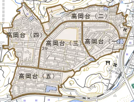 高岡台とその周辺の地図。町の範囲を重ねている