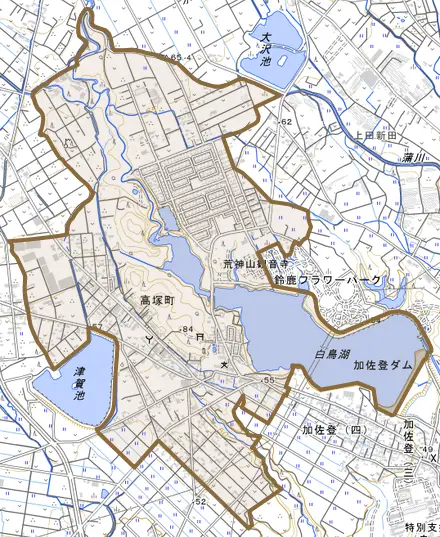 高塚町とその周辺の地図。町の範囲を重ねている