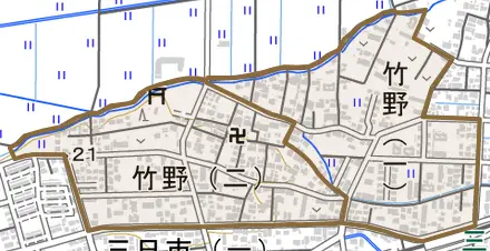 竹野とその周辺の地図。町の範囲を重ねている