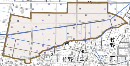 竹野町とその周辺の地図。町の範囲を重ねている