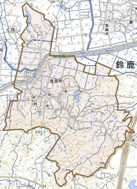 徳居町とその周辺の地図。町の範囲を重ねている