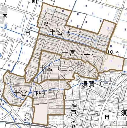 十宮とその周辺の地図。町の範囲を重ねている