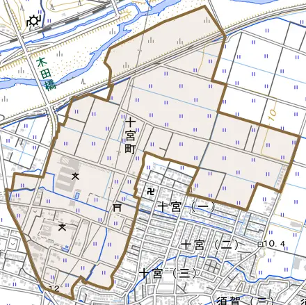 十宮町とその周辺の地図。町の範囲を重ねている