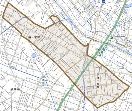 椿一宮町とその周辺の地図。町の範囲を重ねている