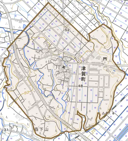 津賀町とその周辺の地図。町の範囲を重ねている