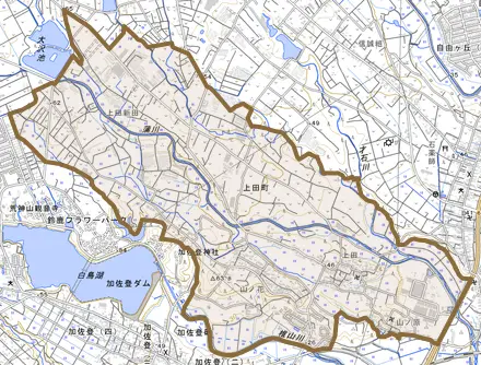 上田町とその周辺の地図。町の範囲を重ねている