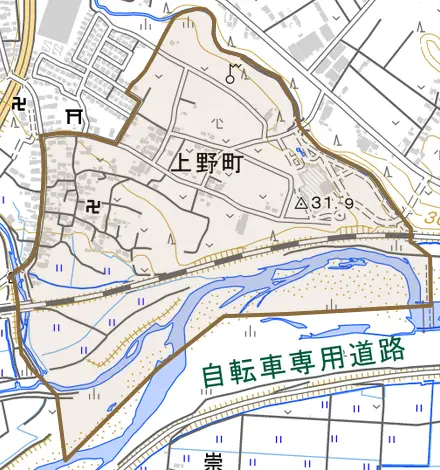 上野町とその周辺の地図。町の範囲を重ねている