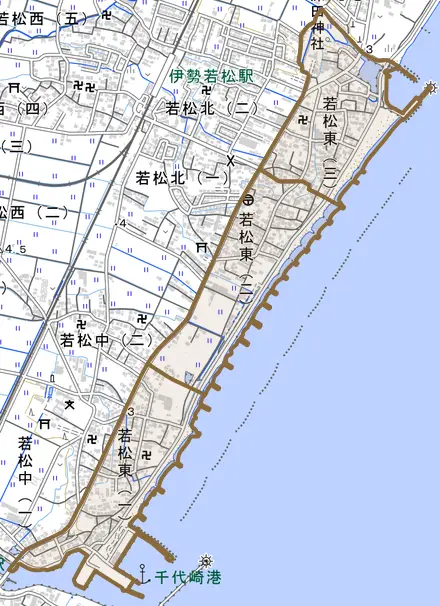 若松東とその周辺の地図。町の範囲を重ねている