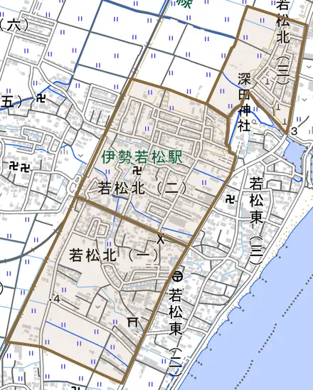 若松北とその周辺の地図。町の範囲を重ねている