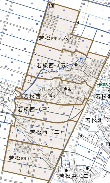 若松西とその周辺の地図。町の範囲を重ねている