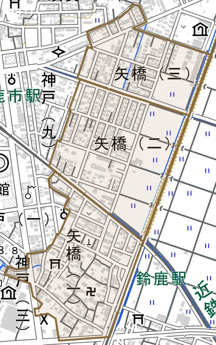矢橋とその周辺の地図。町の範囲を重ねている