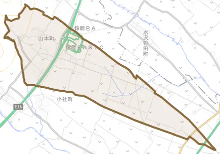 山本町とその周辺の地図。町の範囲を重ねている