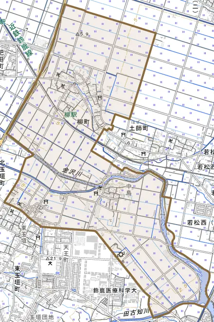 柳町とその周辺の地図。町の範囲を重ねている