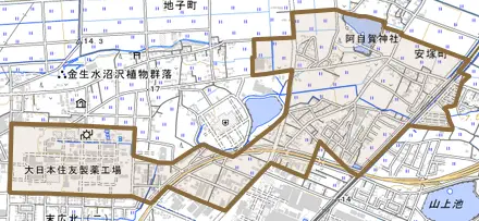 安塚町とその周辺の地図。町の範囲を重ねている