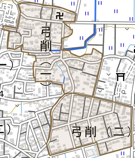 弓削とその周辺の地図。町の範囲を重ねている