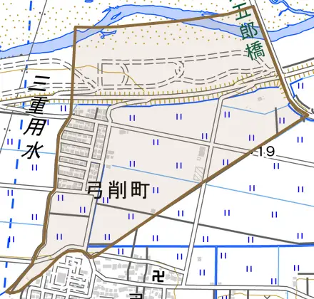 弓削町とその周辺の地図。町の範囲を重ねている