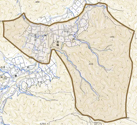 金輪とその周辺の地図。町の範囲を重ねている