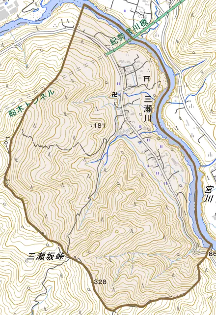 三瀬川とその周辺の地図。町の範囲を重ねている