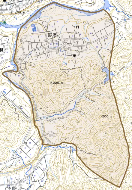 野添とその周辺の地図。町の範囲を重ねている