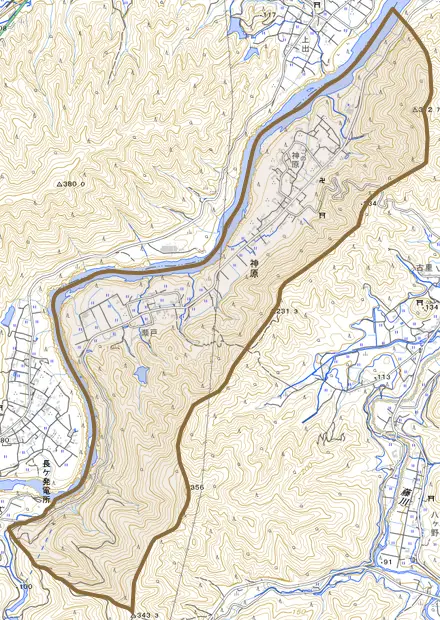 神原とその周辺の地図。町の範囲を重ねている