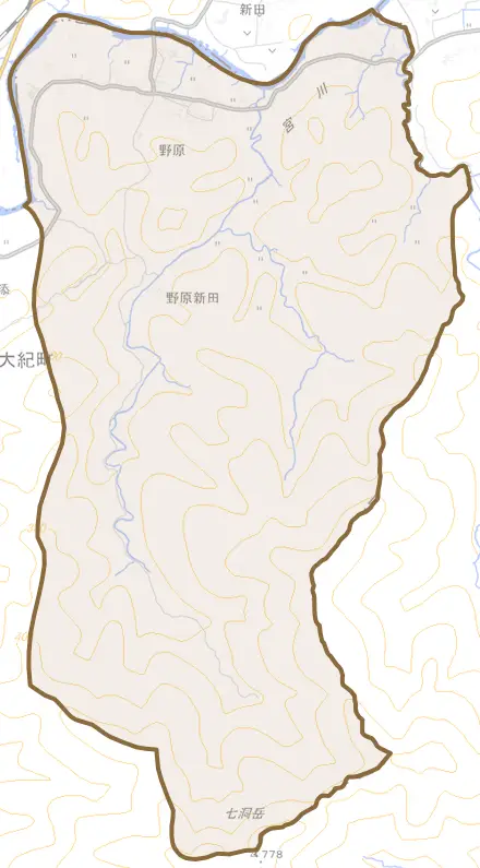 野原とその周辺の地図。町の範囲を重ねている