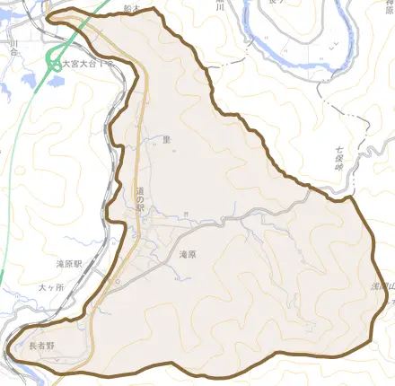 滝原とその周辺の地図。町の範囲を重ねている