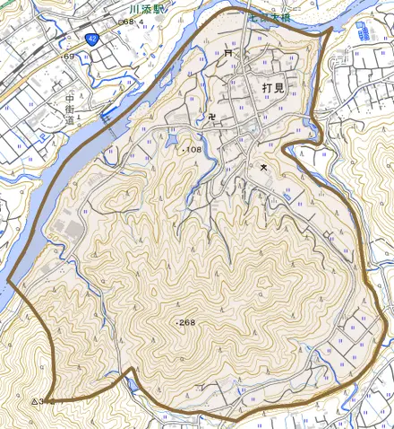 打見とその周辺の地図。町の範囲を重ねている