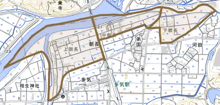 朝長とその周辺の地図。町の範囲を重ねている