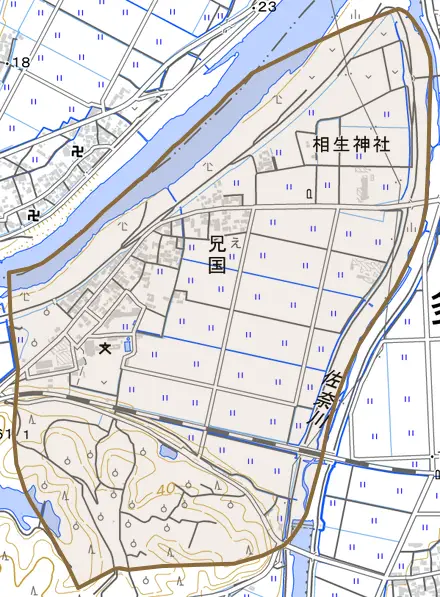 兄国とその周辺の地図。町の範囲を重ねている
