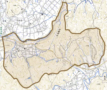 古江とその周辺の地図。町の範囲を重ねている