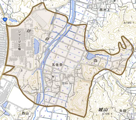 五佐奈とその周辺の地図。町の範囲を重ねている