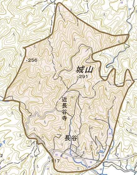 長谷とその周辺の地図。町の範囲を重ねている