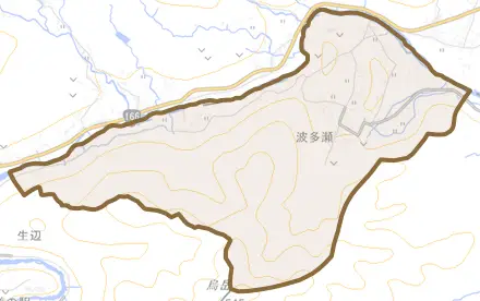 波多瀬とその周辺の地図。町の範囲を重ねている
